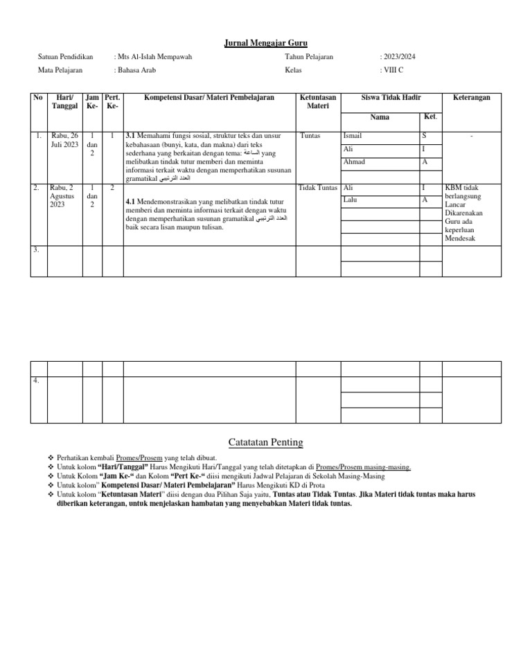 Template Jurnal Mengajar Bahasa Arab | PDF