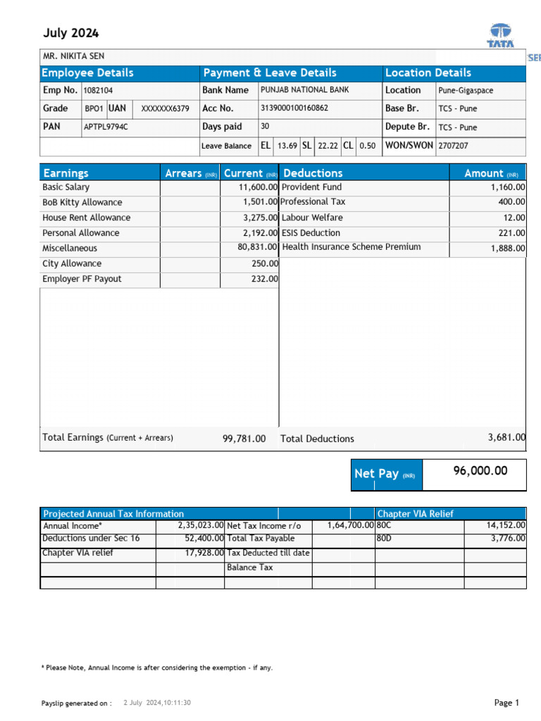 TCS Salary Slip July 2024 Summary | PDF | Taxes | Government Finances