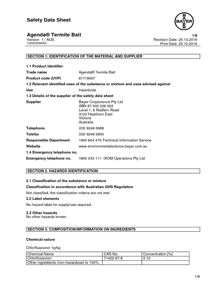 Agenda Termite Bait SDS GHS 1016 | PDF | Dangerous Goods | Toxicity