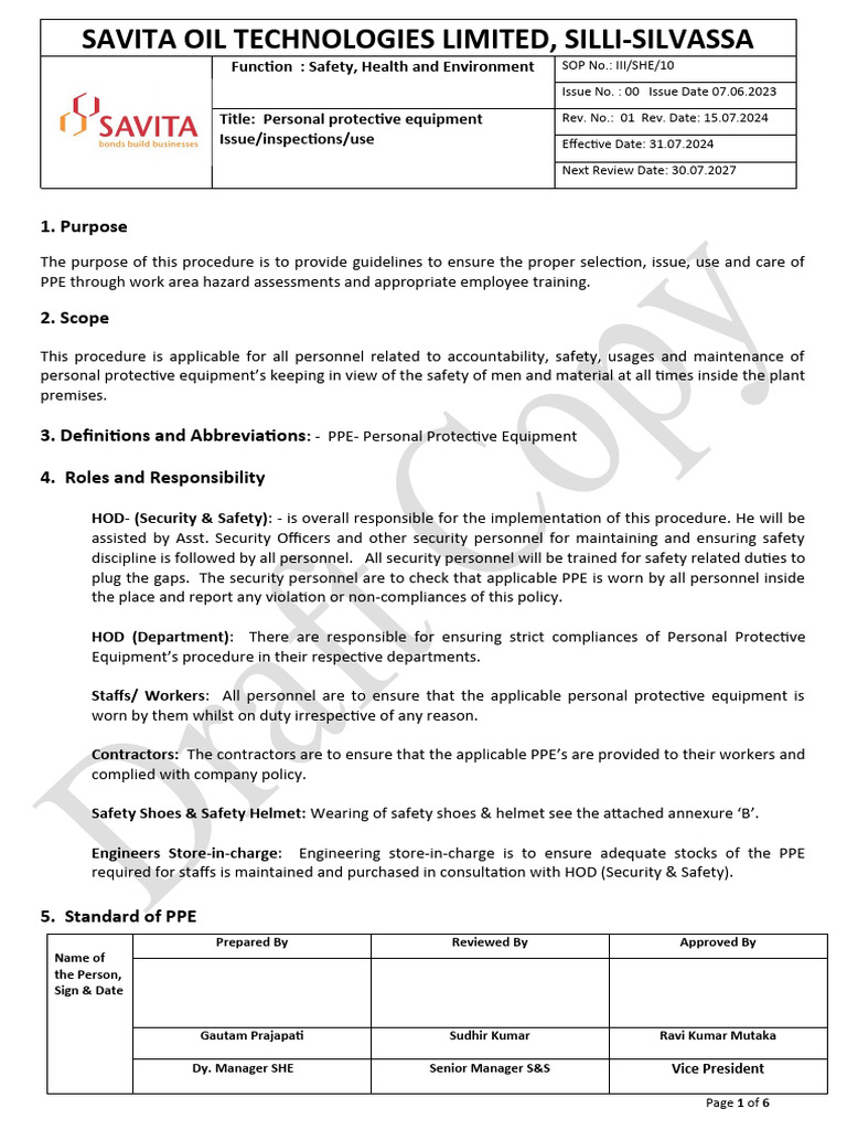 Personal Protective Equipment SOP Guide | PDF | Personal Protective ...