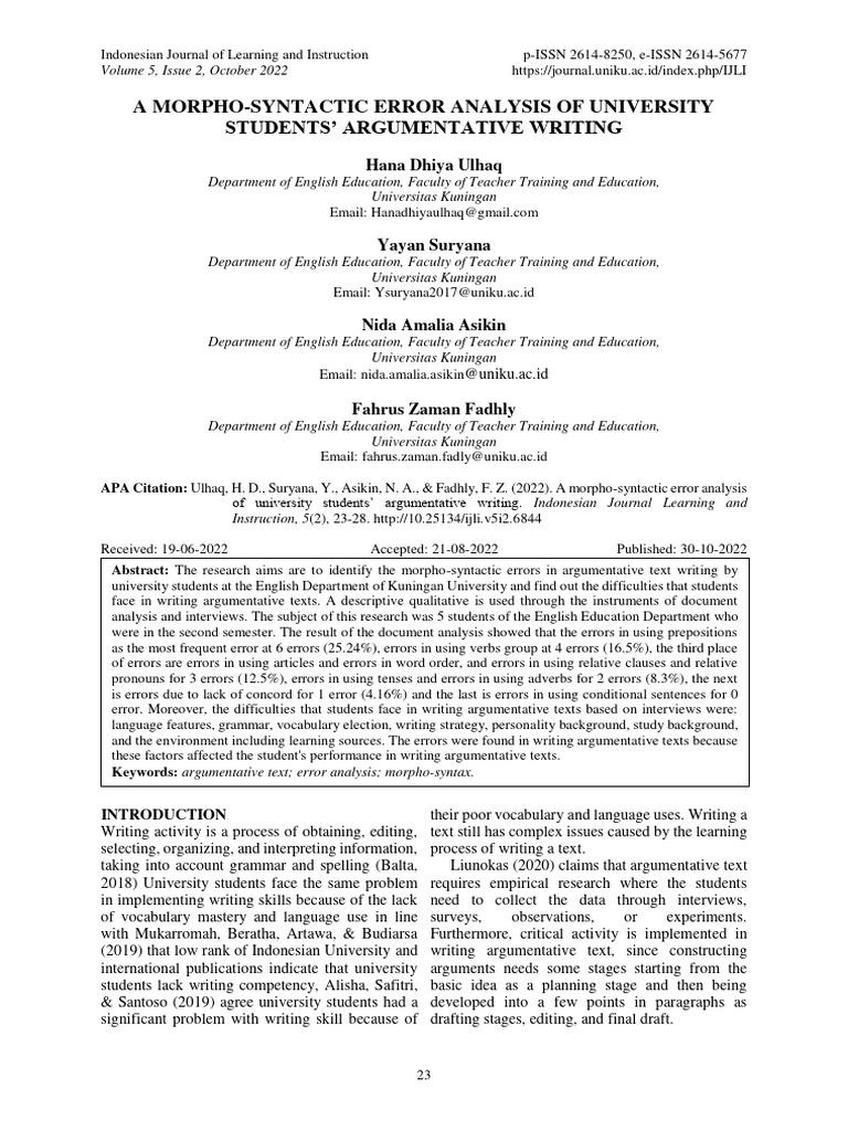 A Morpho-Syntactic Error Analysis of University | PDF | Verb | English ...