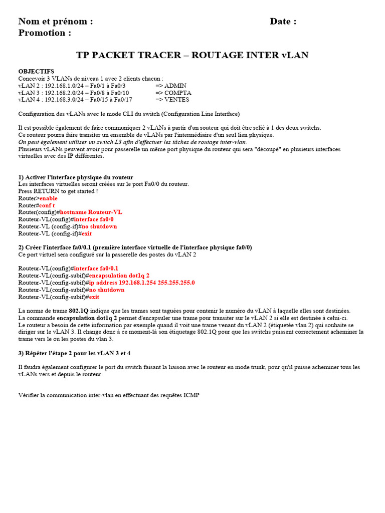 TP Routage Inter-VLAN avec Packet Tracer | PDF