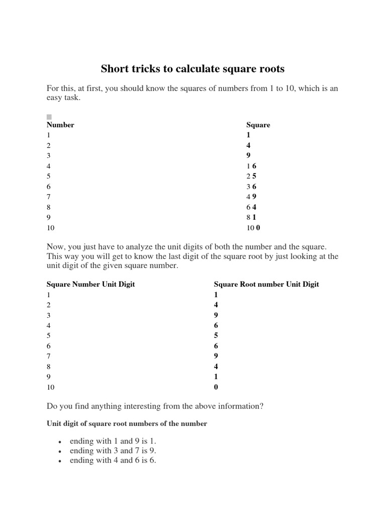 Short Tricks To Calculate Square Roots | PDF | Numbers | Mathematics