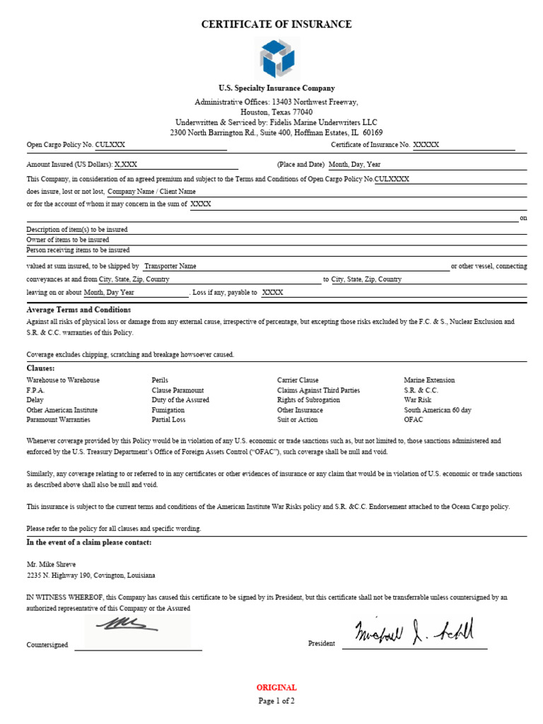 Certificate of Insurance for Open Cargo Policy | PDF | Insurance ...
