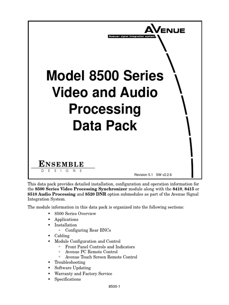 Ensemble designs model 8500 series video and audio processing data pack