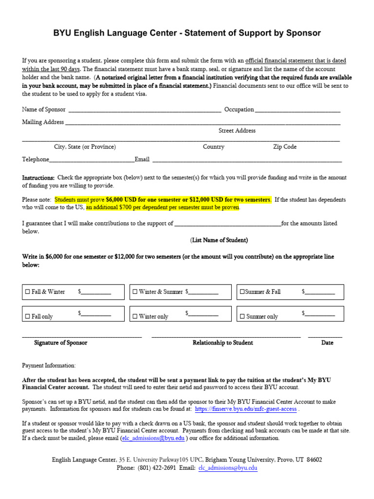 BYU Student Sponsorship Support Form | PDF | Business | Finance & Money ...