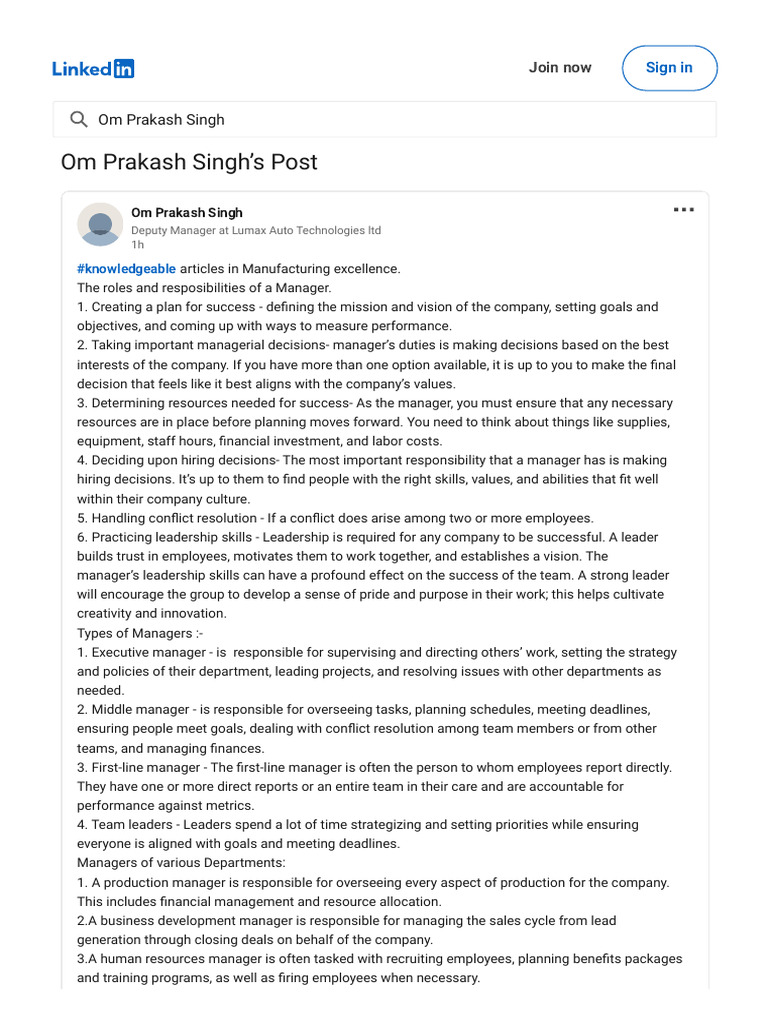 Om Prakash Singh On LinkedIn ROLES & RESPONSIBILI | PDF | Lean ...