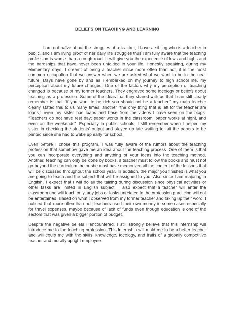 Beliefs On Teaching and Learning | PDF | Teachers | Cognitive Science