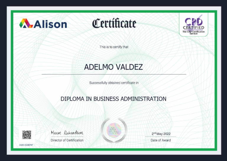 adelmo Alison Certificate Business Administration PDF
