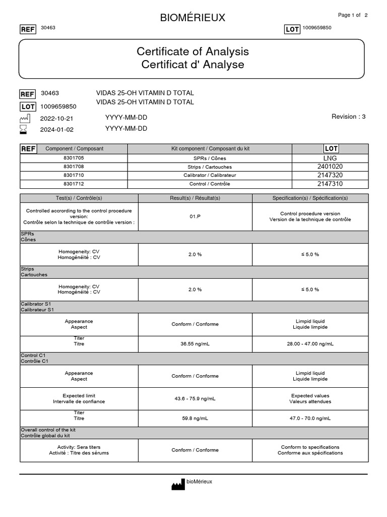 Certificat D Analyse VIDAS 25 OH D PDF