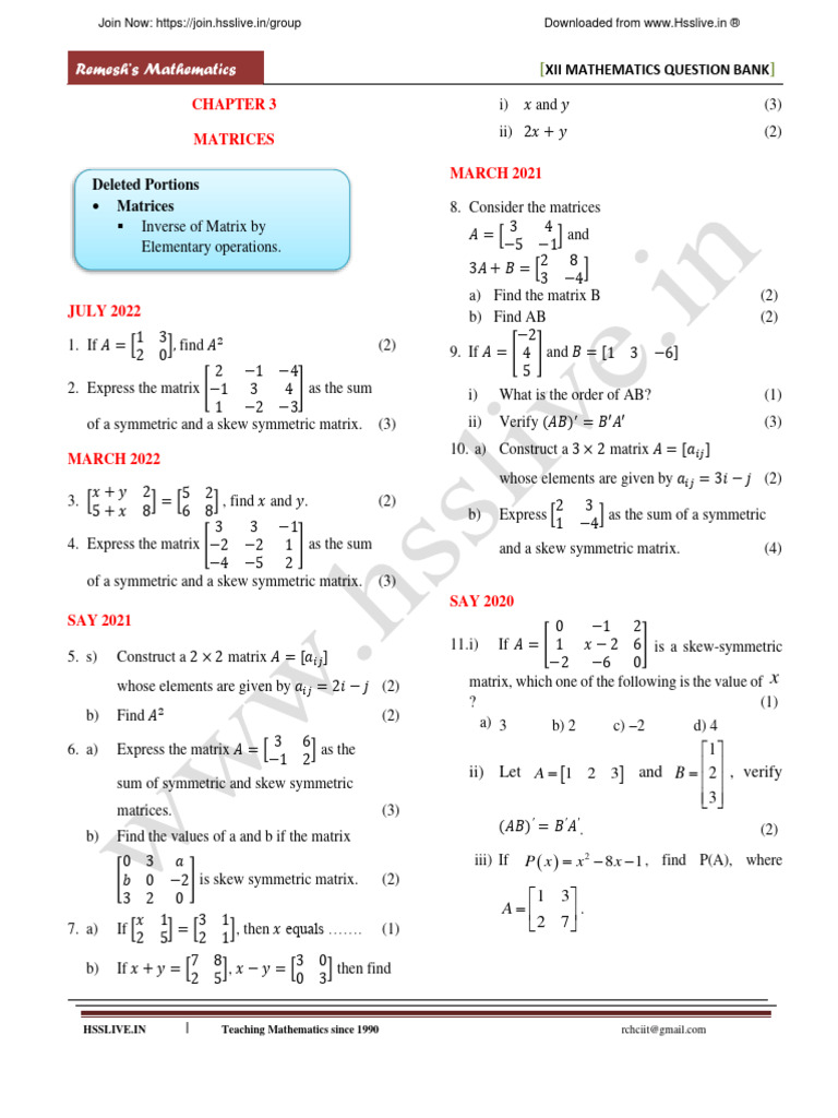Hsslive xii maths qb 2023 3 matrices pdf matrix mathematics