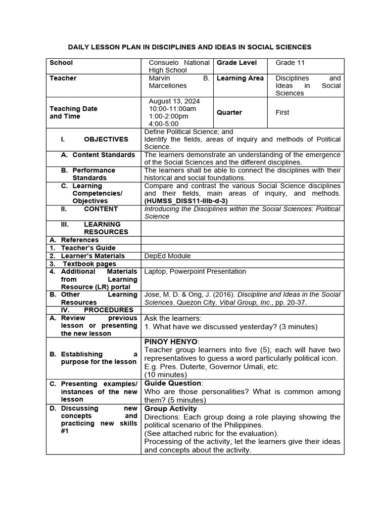 Grade 11 Social Sciences Lesson Plan | PDF | Learning | Teachers