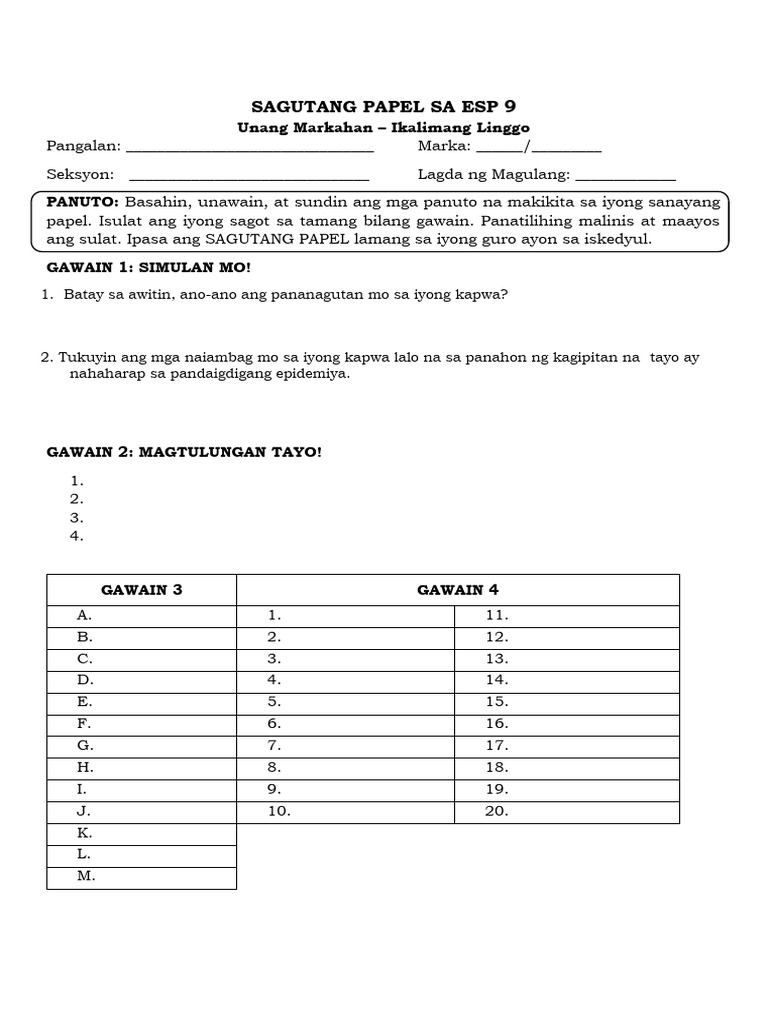Learning Activity Sheet in ESP 9 Quarter 1 (Week 5) | PDF