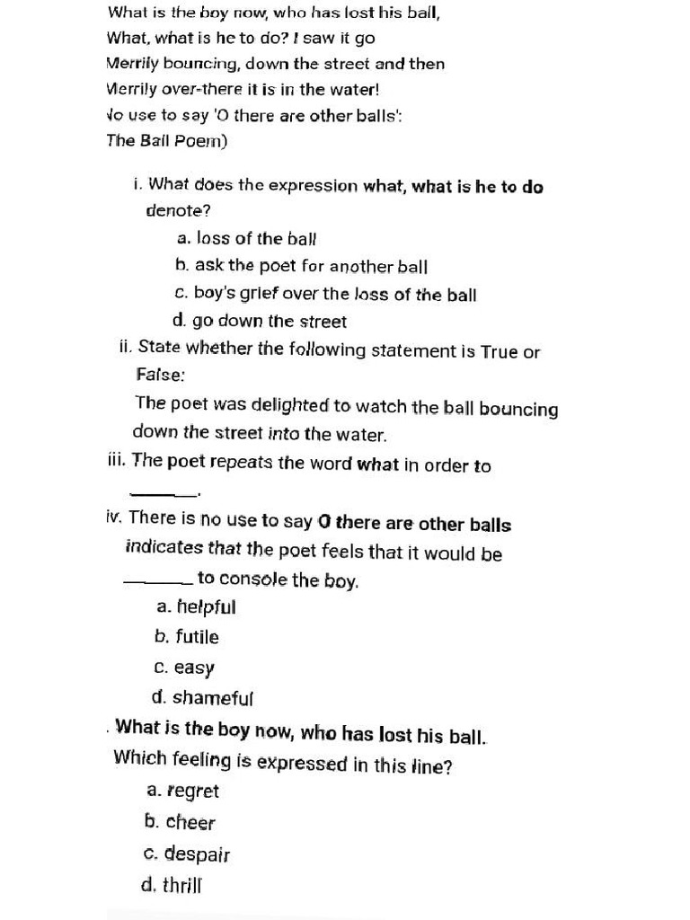 English Ball Poem Important Questions | PDF