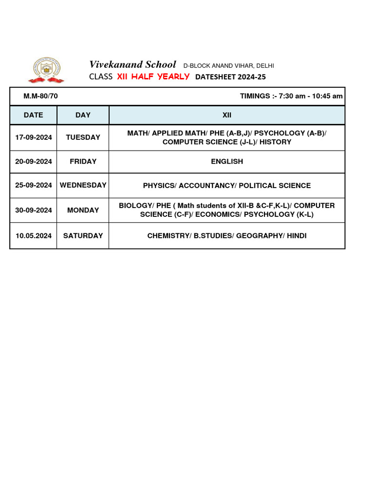 Class XII Half Yearly Datesheet 2024-25 | PDF