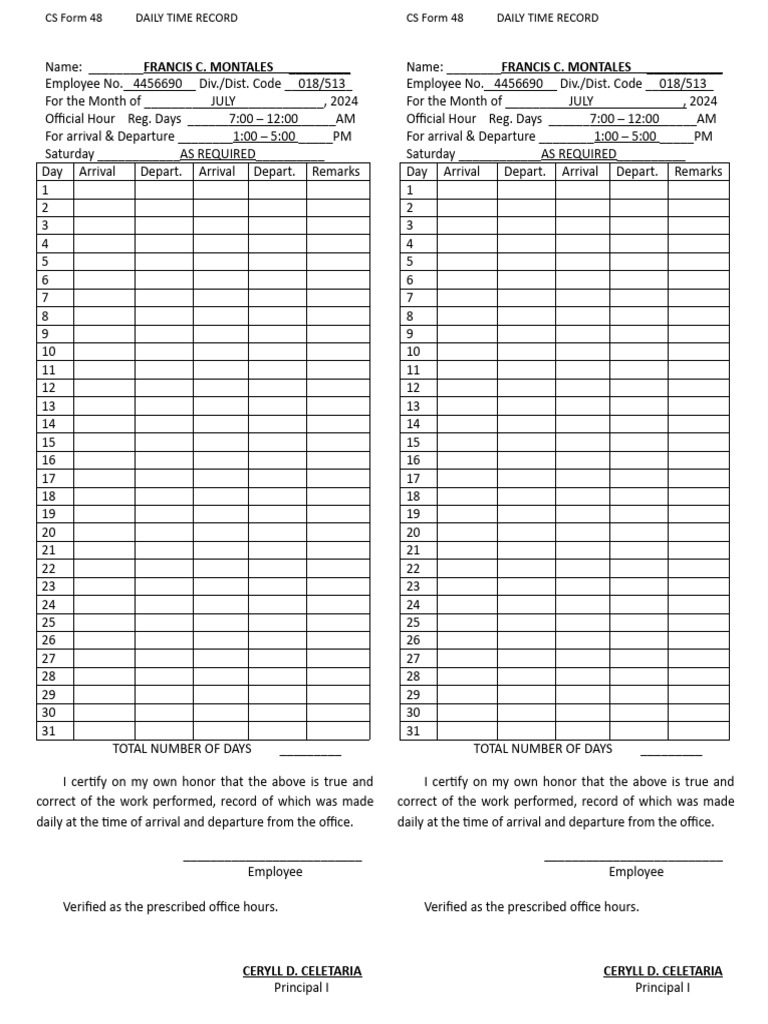 CS Form 48: Daily Time Record Template | PDF