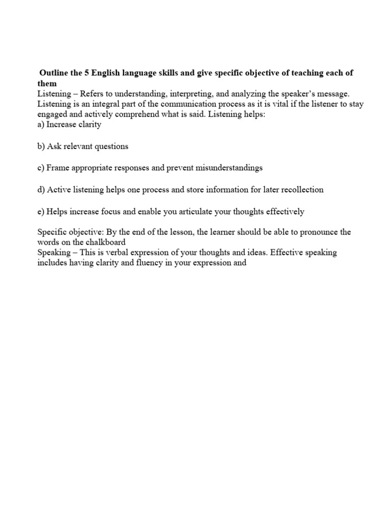 outline-the-5-english-language-skills-and-give-specific-objective-of