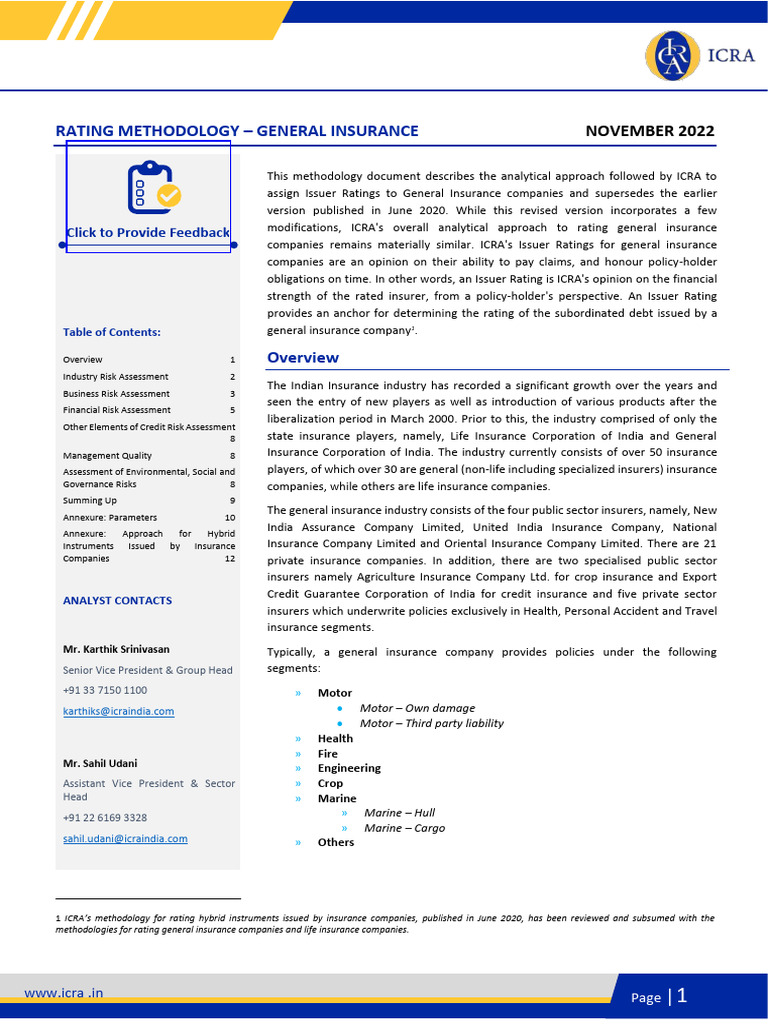 General Insurance, Rating Methodology, Nov 2022 | PDF | Insurance ...