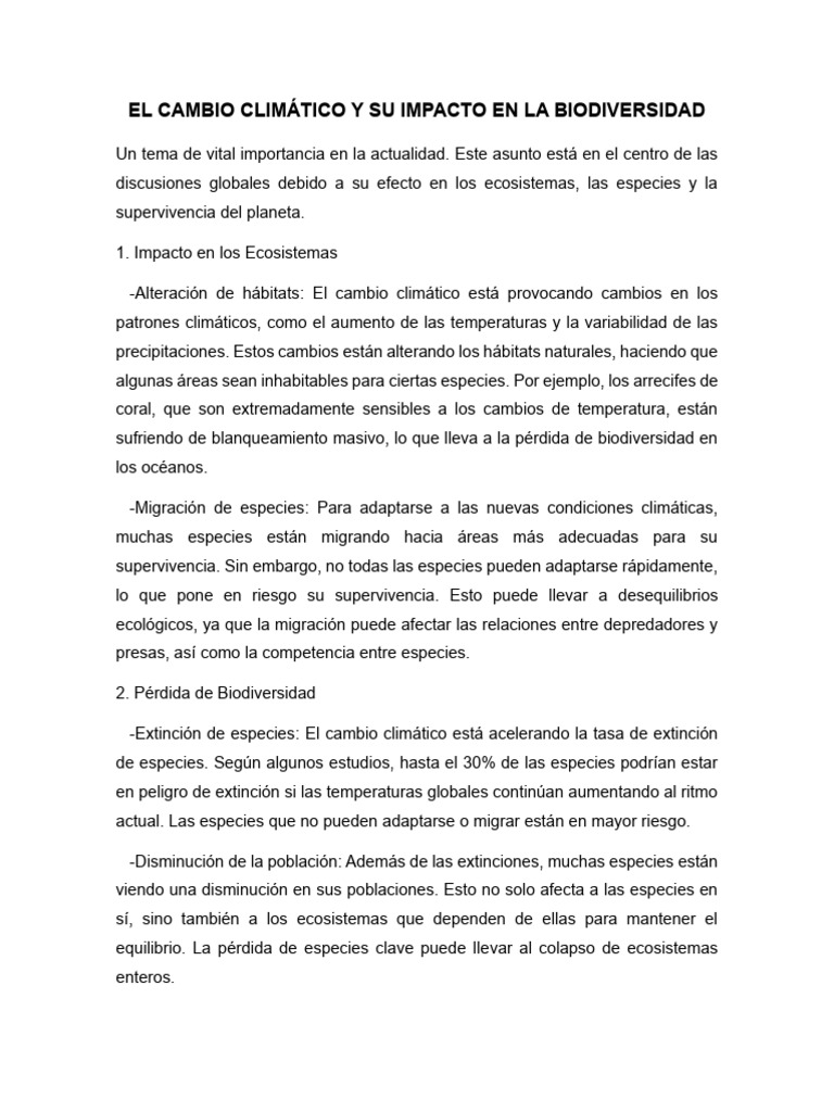 El Cambio Climático y Su Impacto en La Biodiversidad | PDF ...