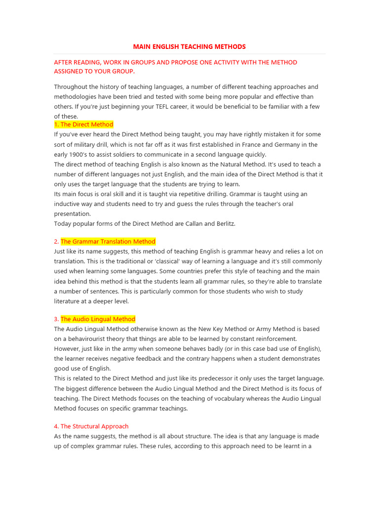 EFL Teaching Methods Overview | PDF | Vocabulary | English As A Second ...