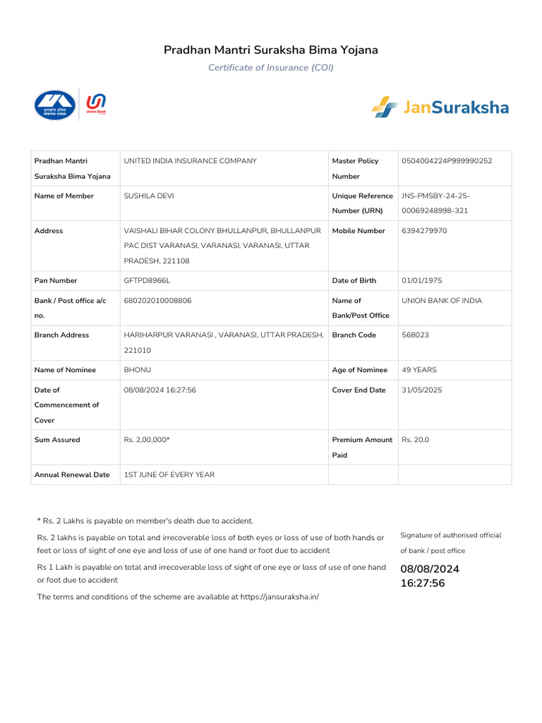 JNS PMSBY Insurance Certificate 2024-25 | PDF | Financial Risk ...