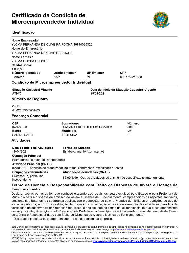 Certificado de Microempreendedor Individual | PDF
