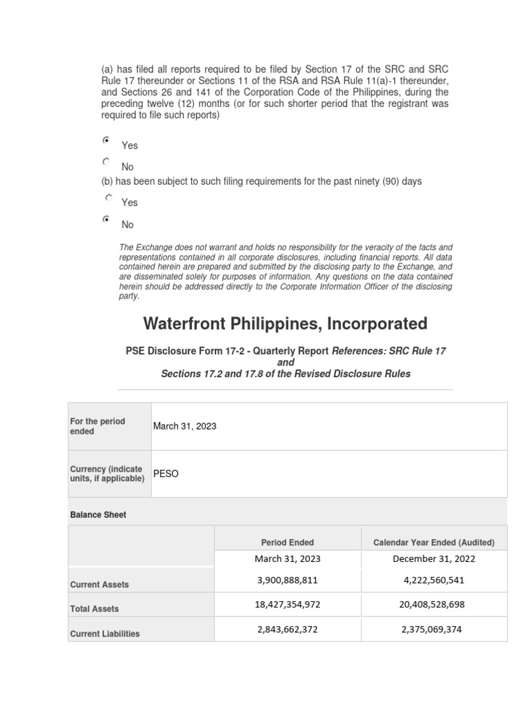 Waterfront Philippines, Incorporated: PSE Disclosure Form 17-2 ...