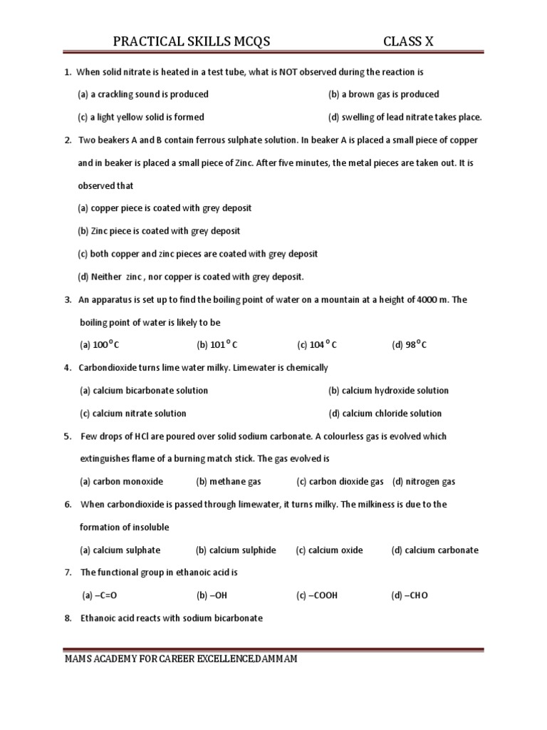 Class 10 Chemistry Practical MCQs | PDF