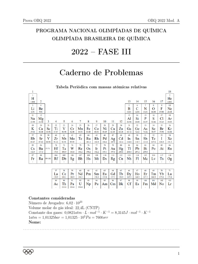 Prova OBQ 2022: Questões e Instruções | PDF | Polaridade química ...