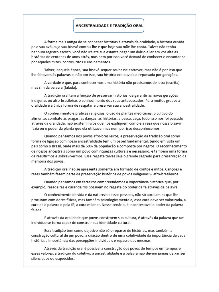 Ancestralidade e Tradição Oral na Cultura | PDF | Tradições | Tradição oral