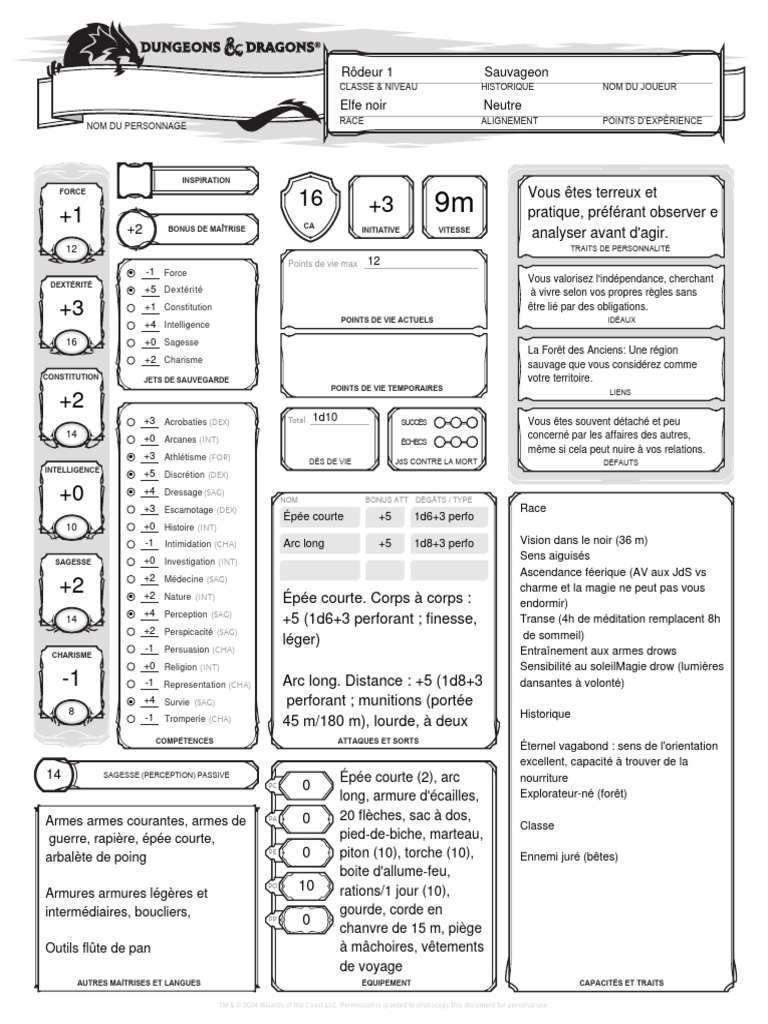 Fiche de personnage Rôdeur Drow | PDF