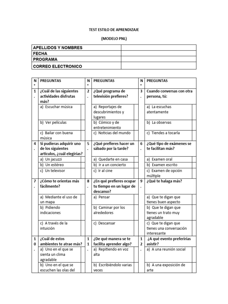 Test Estilo de Aprendizaje | PDF | Hogar, jardinería y bricolaje