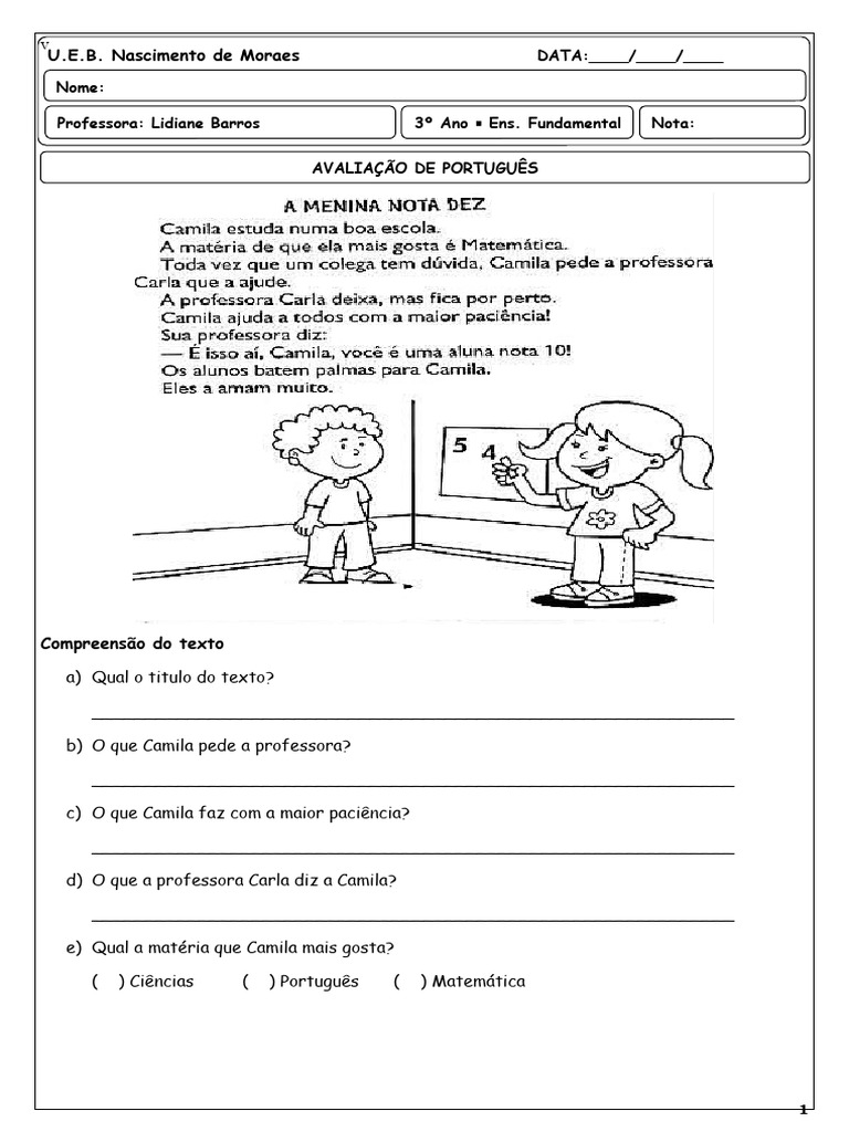 Avaliação de Português 3º Ano | PDF | Carreira e Crescimento | Artes ...