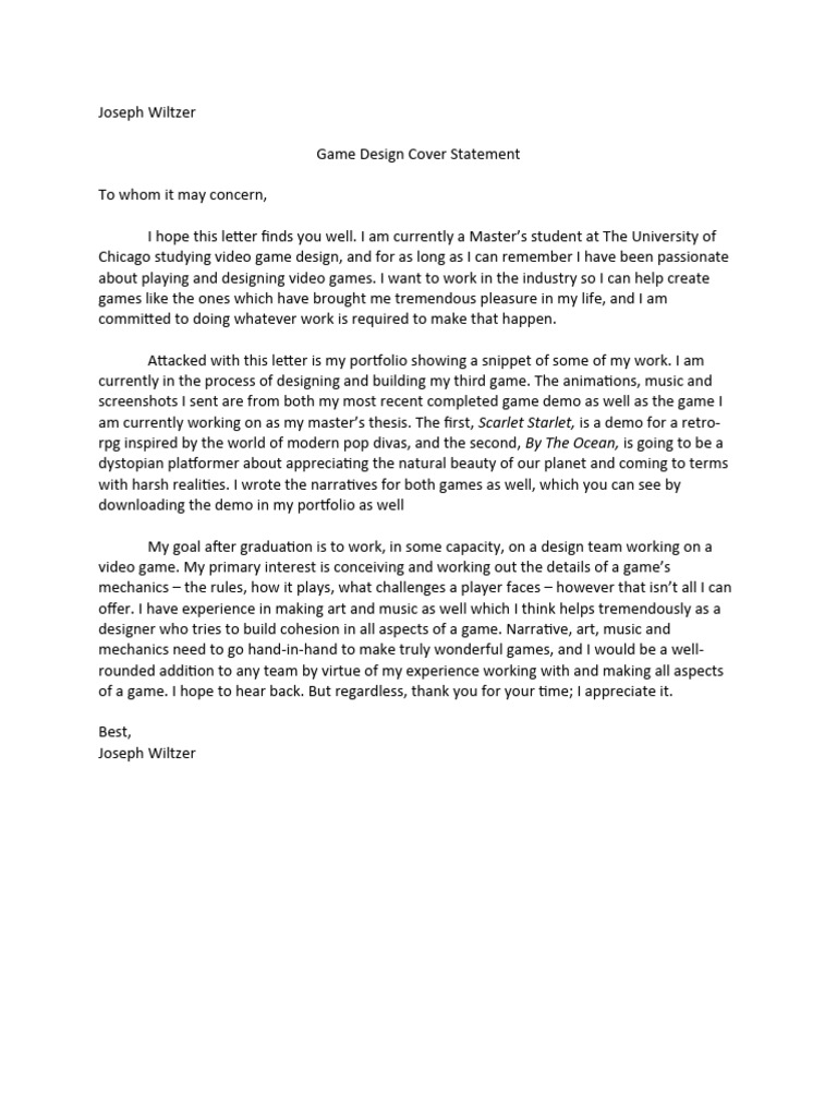 Game Design Cover Letter | PDF