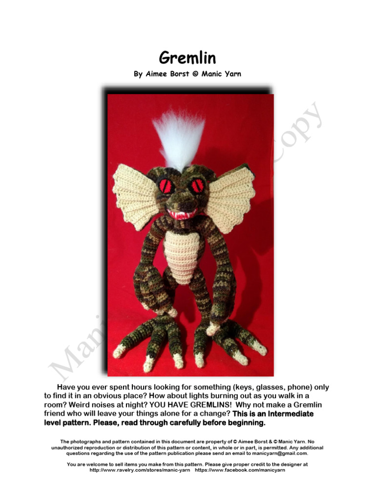Free Gremlin Crochet Pattern | PDF | Crochet | Textile Arts