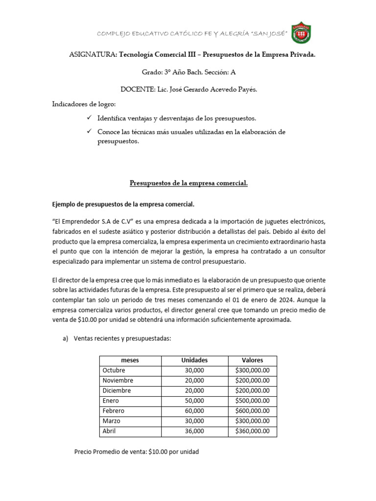 Ejemplo de Presupuesto Comercial 2024 | PDF | Presupuesto | Interés