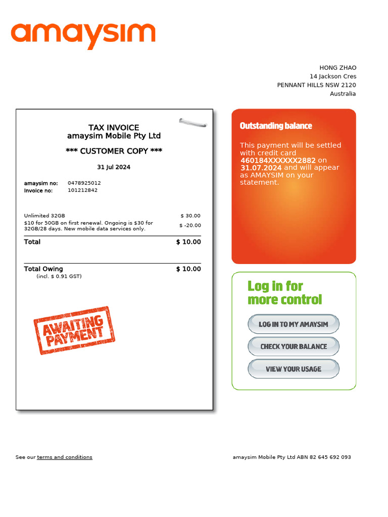 Amaysim Invoice for 32GB Plan | PDF | Payments