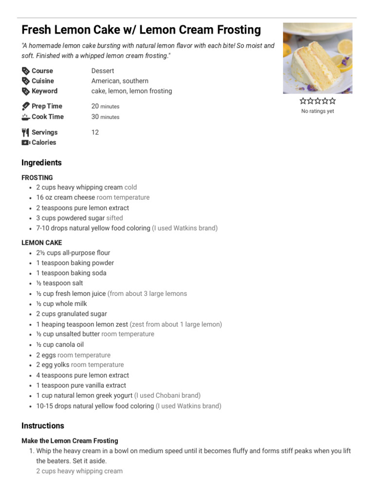 Lemon Cake with Cream Frosting Recipe | PDF | Cakes | Icing (Food)
