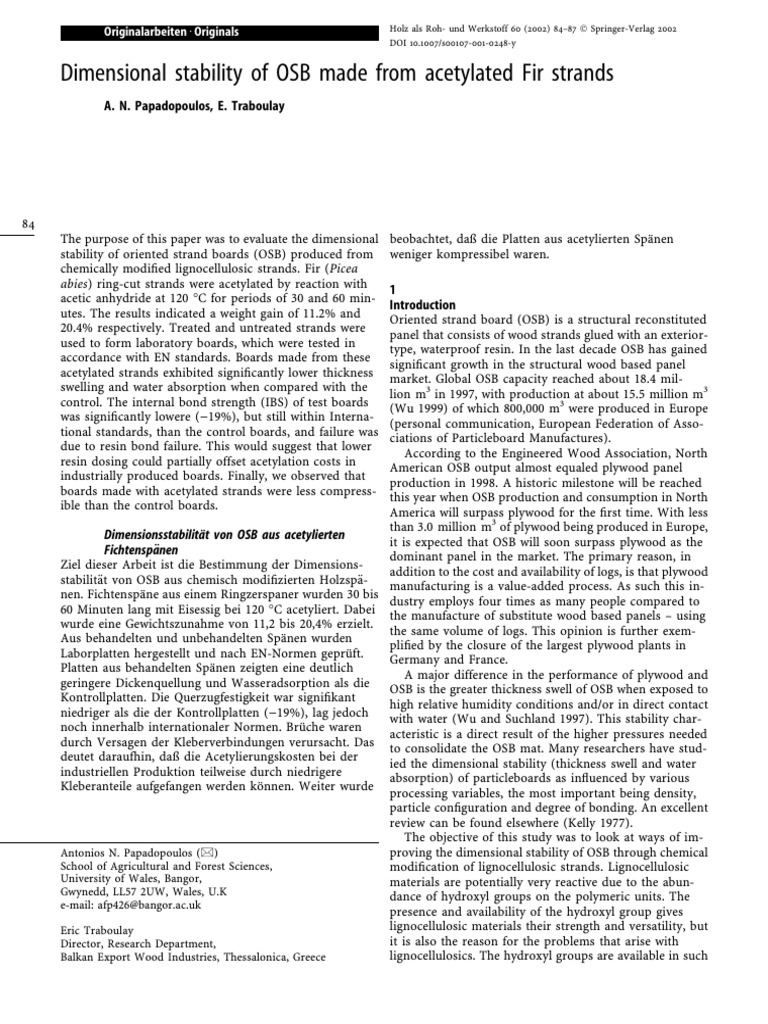 Dimensional Stability of OSB Made From Acetylated Fir Strands | PDF ...