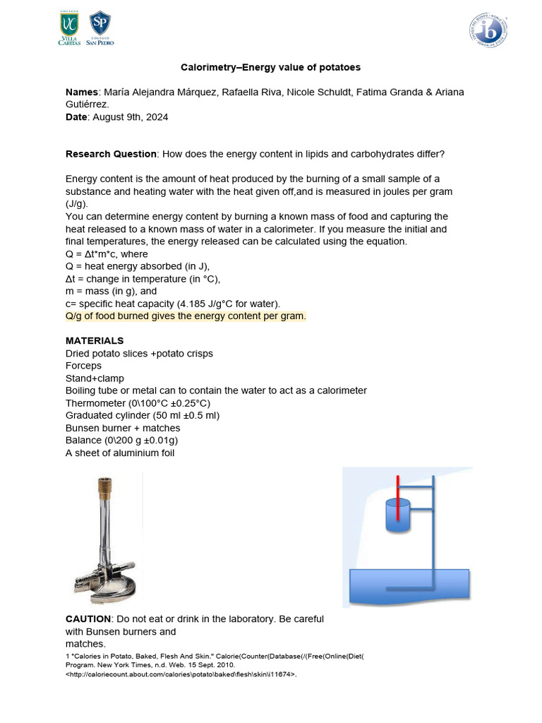 Lab Calorimetry Energy_ value of potatoes | PDF | Potato | Calorie