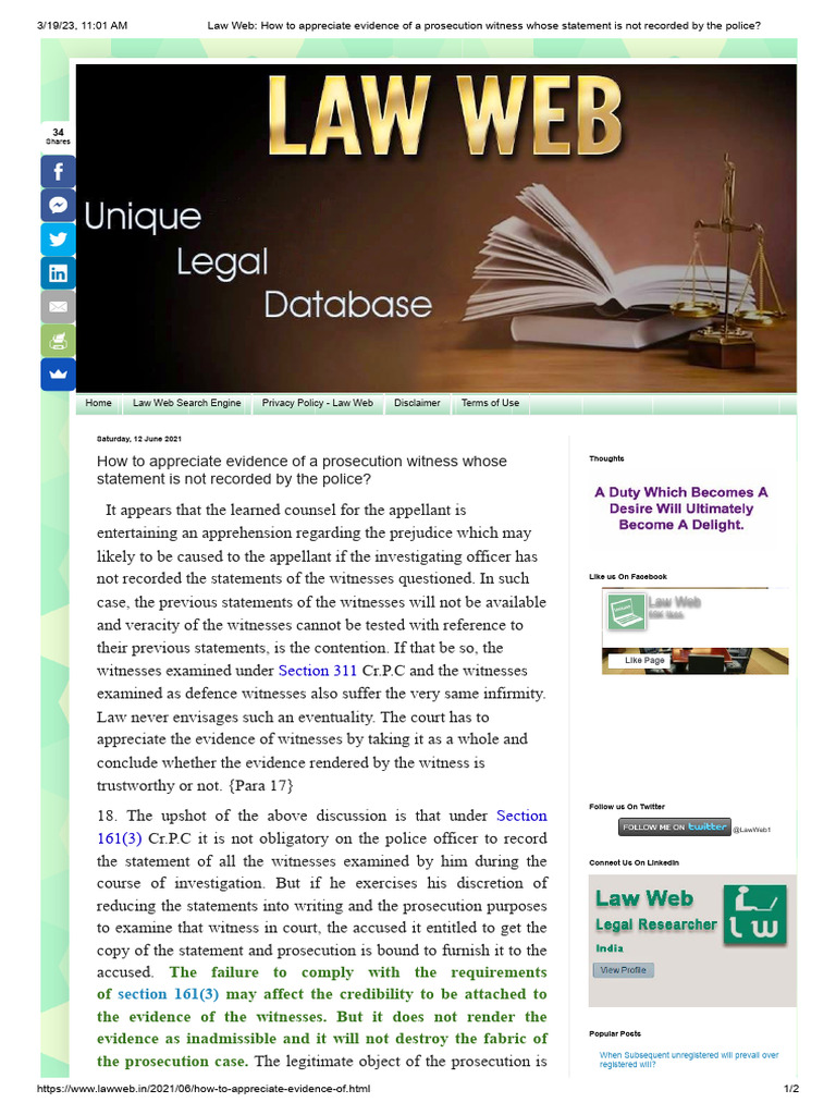 Law Web - How To Appreciate Evidence of A Prosecution Witness Whose ...