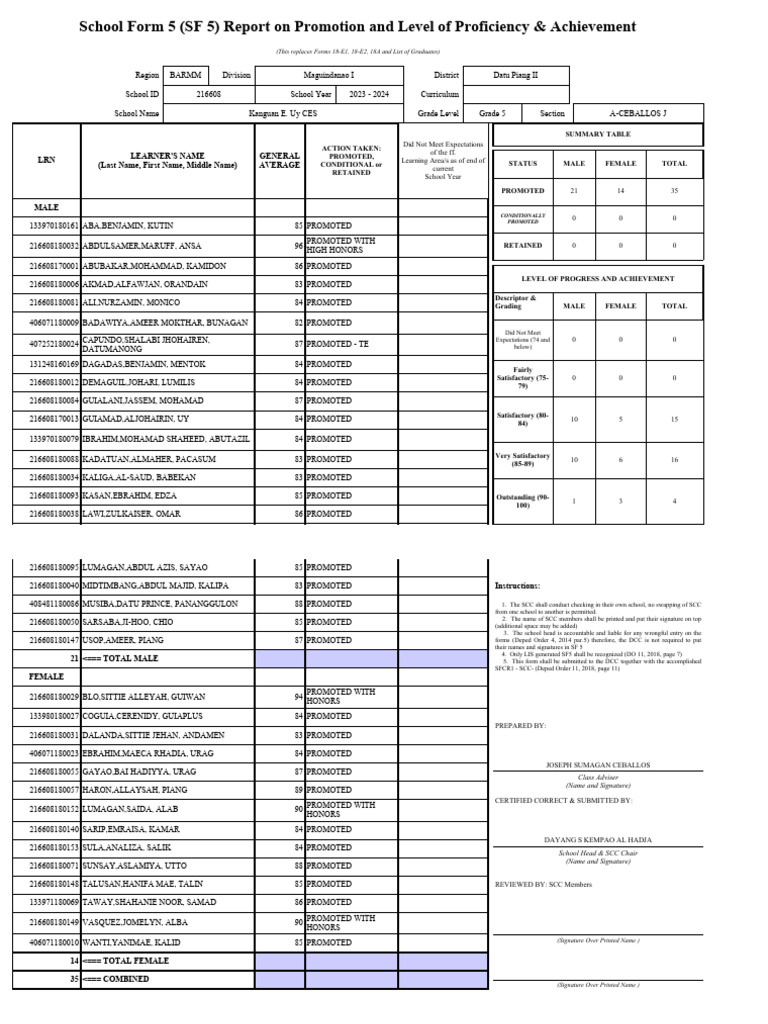 SF5 - 2023 - Grade 5 - A-CEBALLOS J | PDF