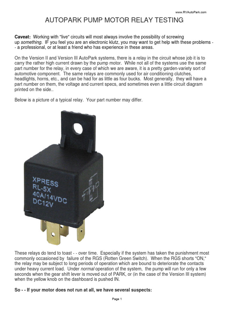 AutoPark Pump Motor Relay Testing | PDF | Relay | Electrical Connector