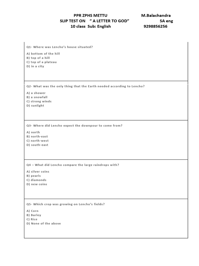 A Letter To God Slip Test 1 | PDF