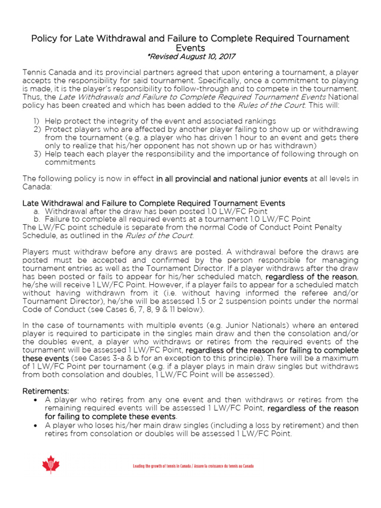 Late Withdrawal Policy for Tennis Tournaments | PDF | Tournament | Sports