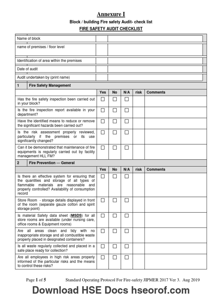 Fire Safety Audit Checklist JIPMER 2019 | PDF | Fire Safety | Stairs