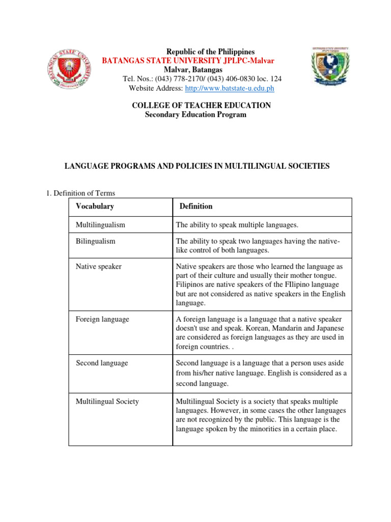 Language Programs and Policies in Multilingual Societies | PDF ...