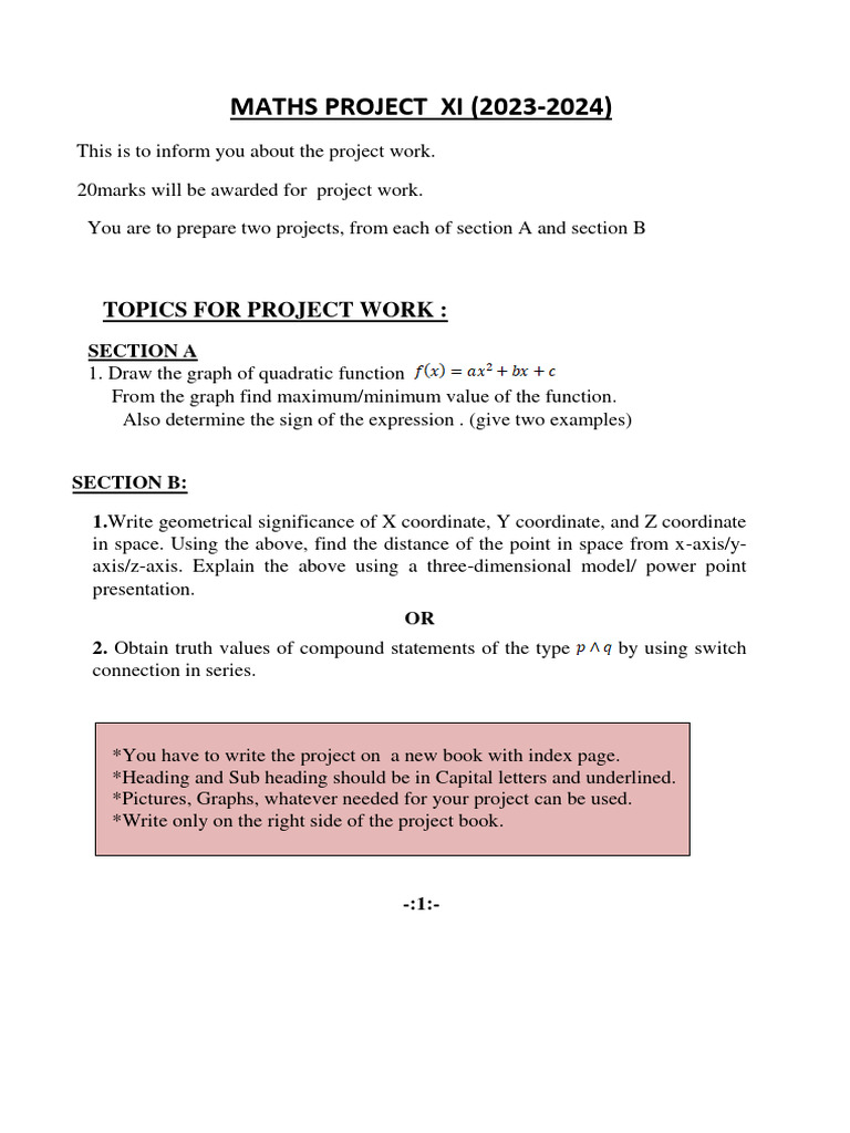Maths Project Guidelines for XI Students | PDF | Cartesian Coordinate ...