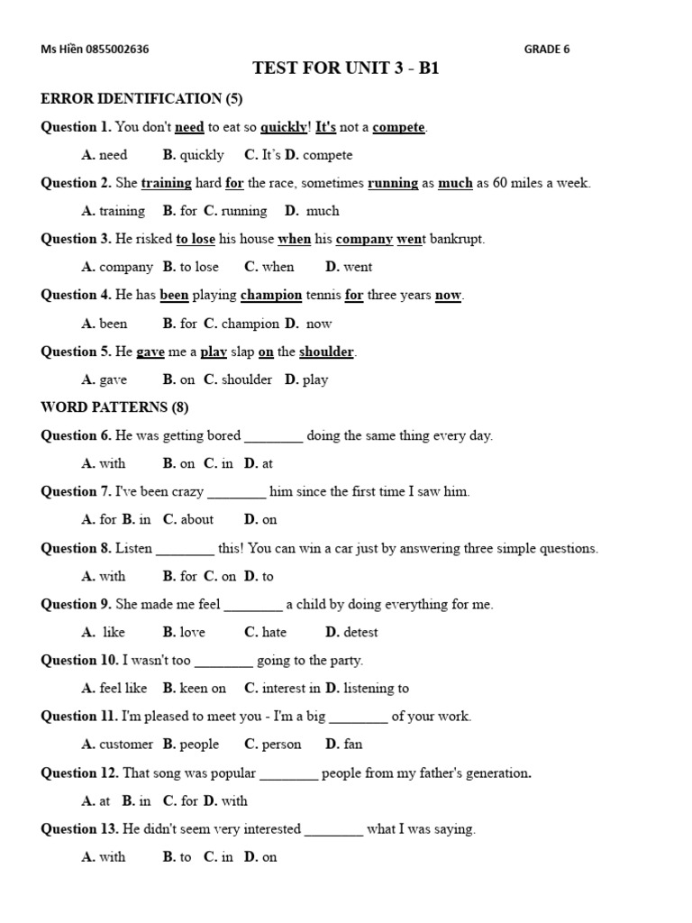 Grade 6 B1 Unit 3 & 6 Test | PDF | Baggage