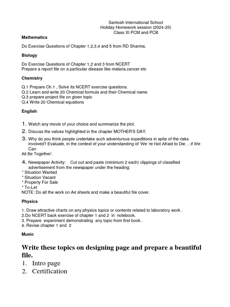 Class XI Holiday Homework 2024-25 | PDF